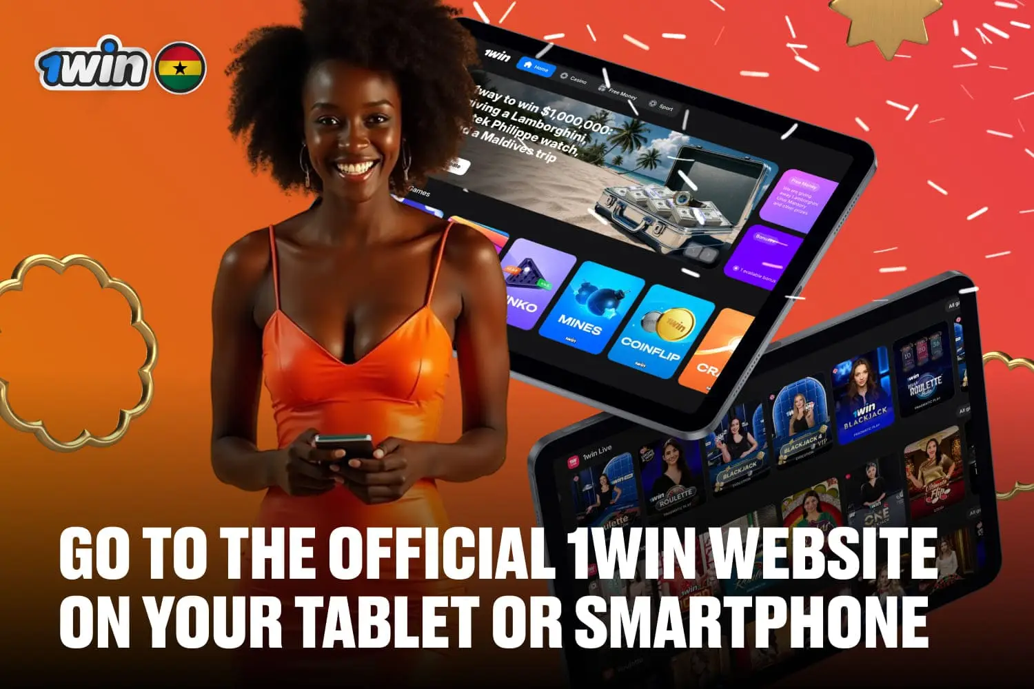 orange background, smiling woman with smartphone in hand, 1win interface on iOS devices