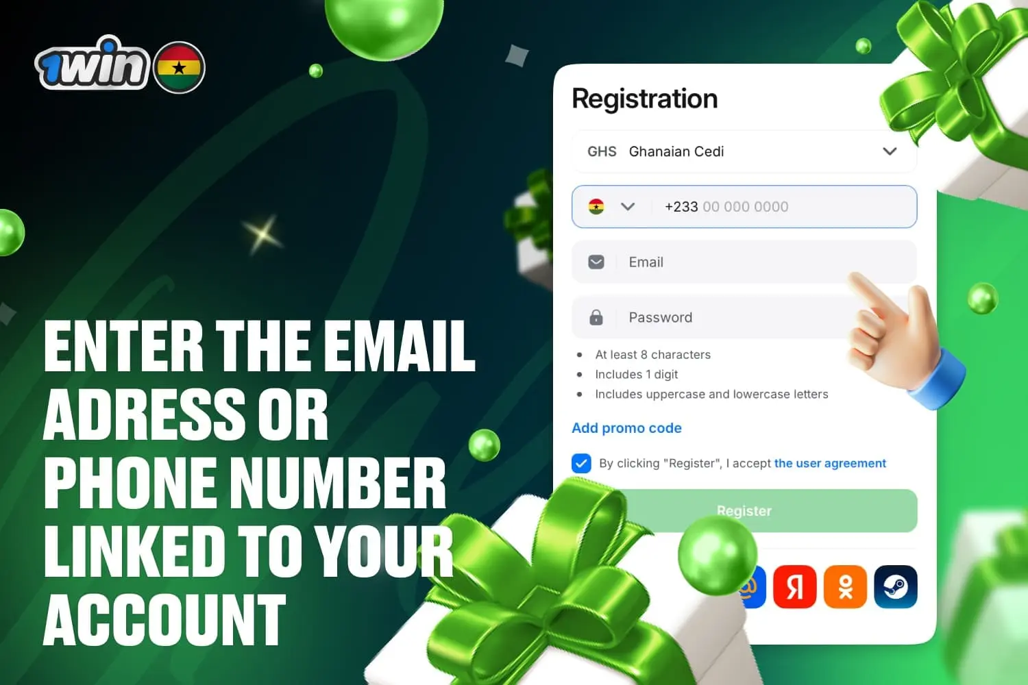image shows 1win registration window and a pointer to the place where player phone or e-mail and password is added