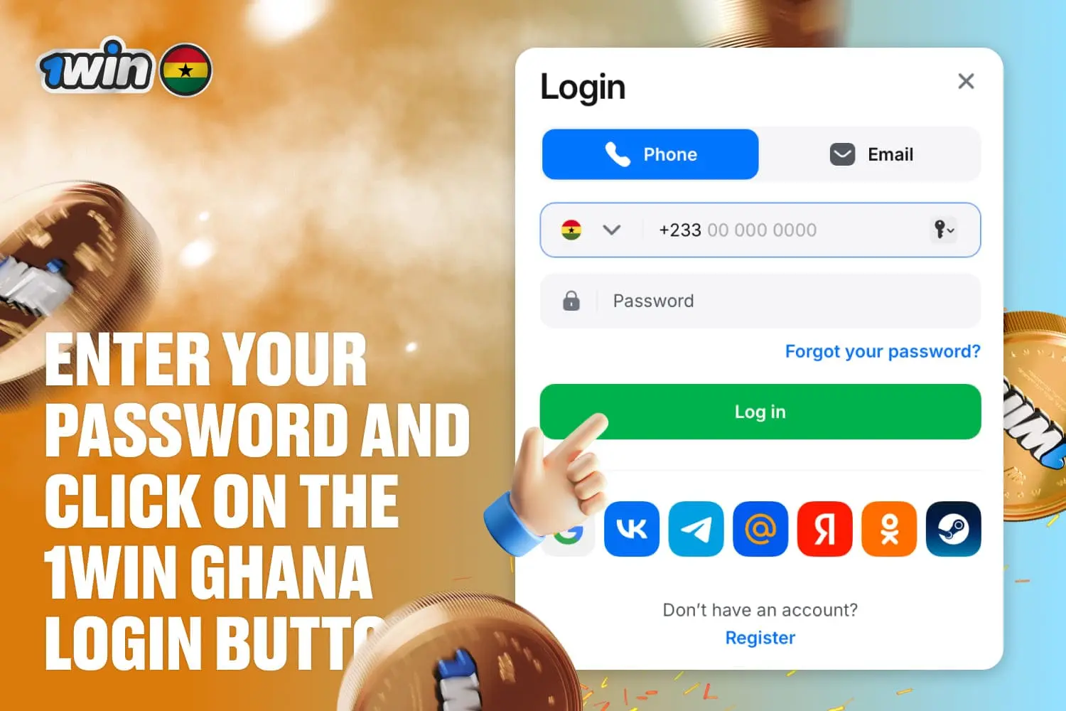 illustration of where to click on the login window to finalize login process at 1win