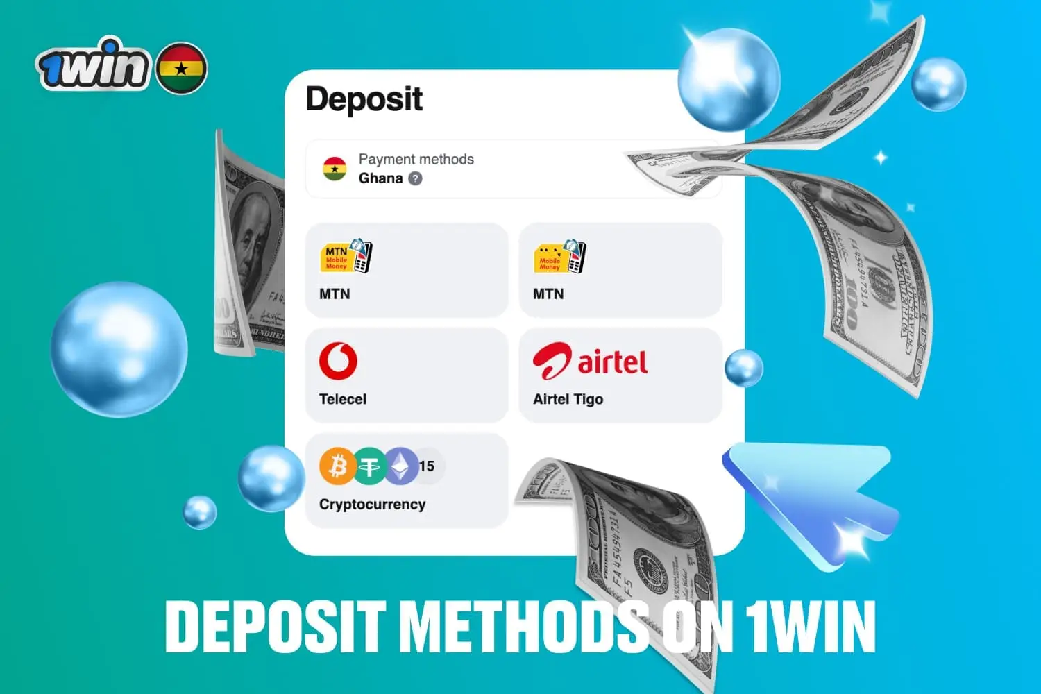 Image illustrates deposit methods available on 1win Ghana